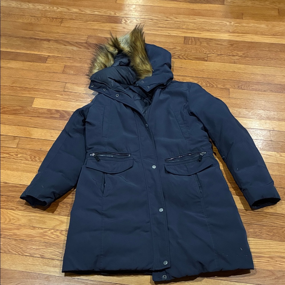 Marc New York Navy Puffer Coat with Faux Fur Hood